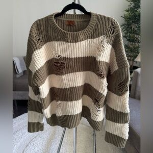 POL Olive and White Cream Striped Distressed Knit Sweater Size Small
